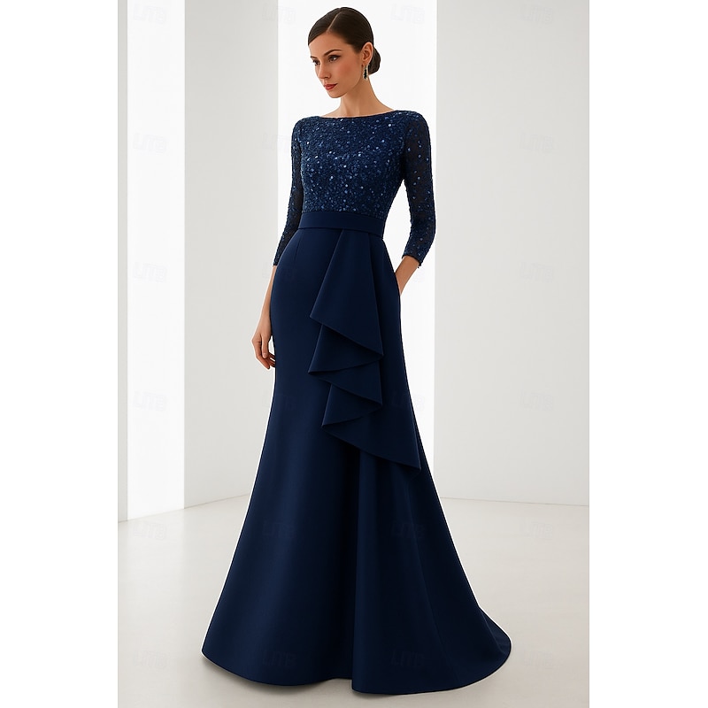 Blue Black Mermaid Evening Gown Elegant Dress Formal Wedding Floor Length Long Sleeve Boat Neck Champagne Mother Of the Bride Dress Satin with Glitter Ruffles 2025 - Main Image