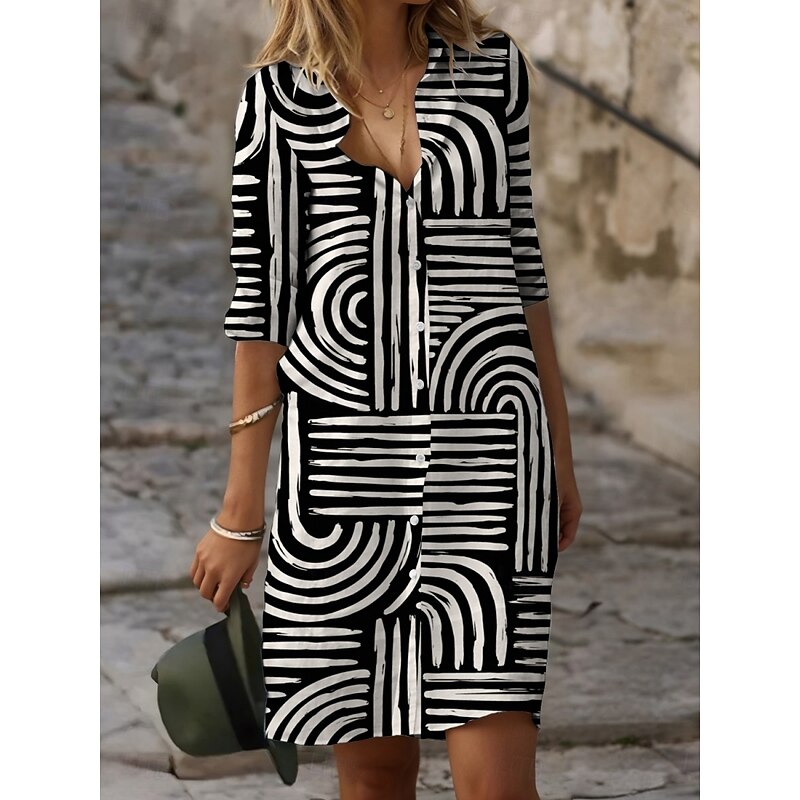 Women's Mini Dress Shirt Dress Casual Dress Print Dress Fashion Modern Outdoor Daily Weekend Regular Fit Line 3/4 Length Sleeve Shirt Collar Black Summer Spring Fall Autumn