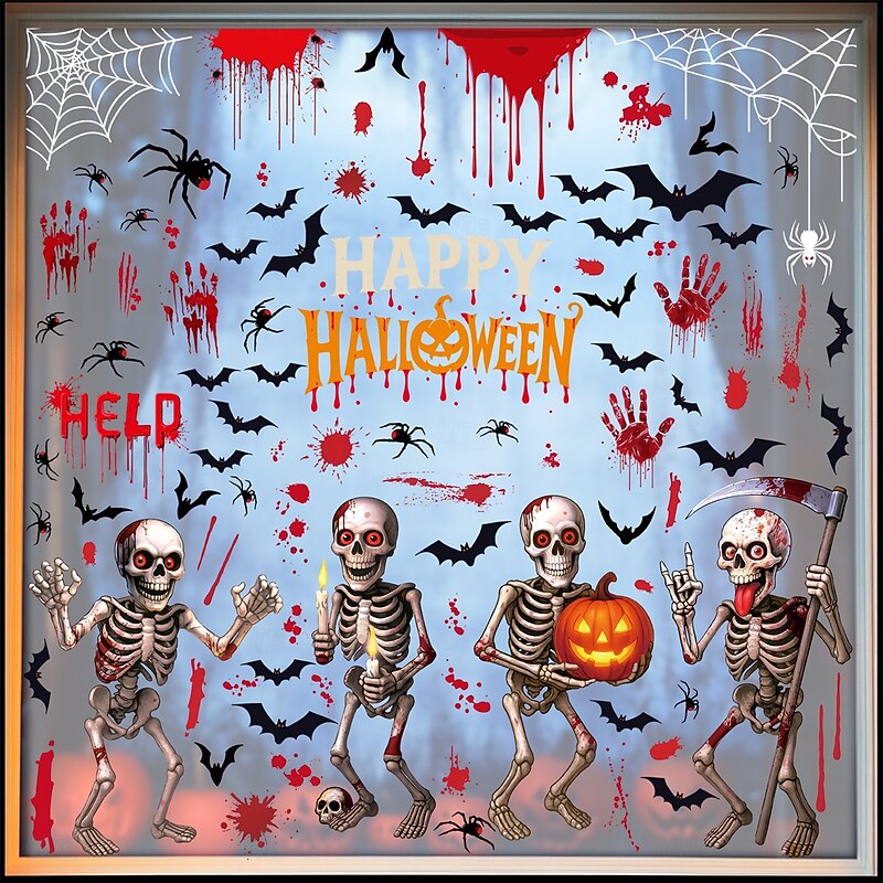 6 Sheets Halloween Window Cling Wall Sticker Decals Decorations, Creative Skulls, Bats, Pumpkins, Bloody Handprints & Spiders, Static Cling, Halloween Party Home & Store Decor
