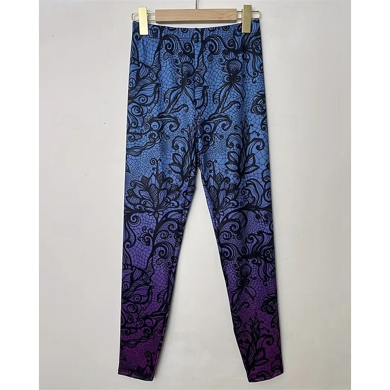 Women's Pants Trousers Leggings Cozy Leggings Streetwear Casual Full Length High Waist Floral Elastic Waist Print Breathability Comfortable Stretchy Vacation Street Daily Wear Blue Summer Spring Fall2