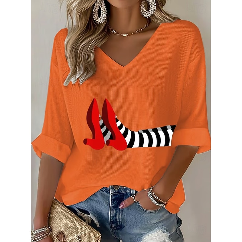 Halloween Women's Boho T-shirt Graphic Pumpkin Elegant Vintage Fashion Half Sleeve V Neck Regular Tops Daily Going out Weekend Black White Orange Green Gray Summer Spring Fall