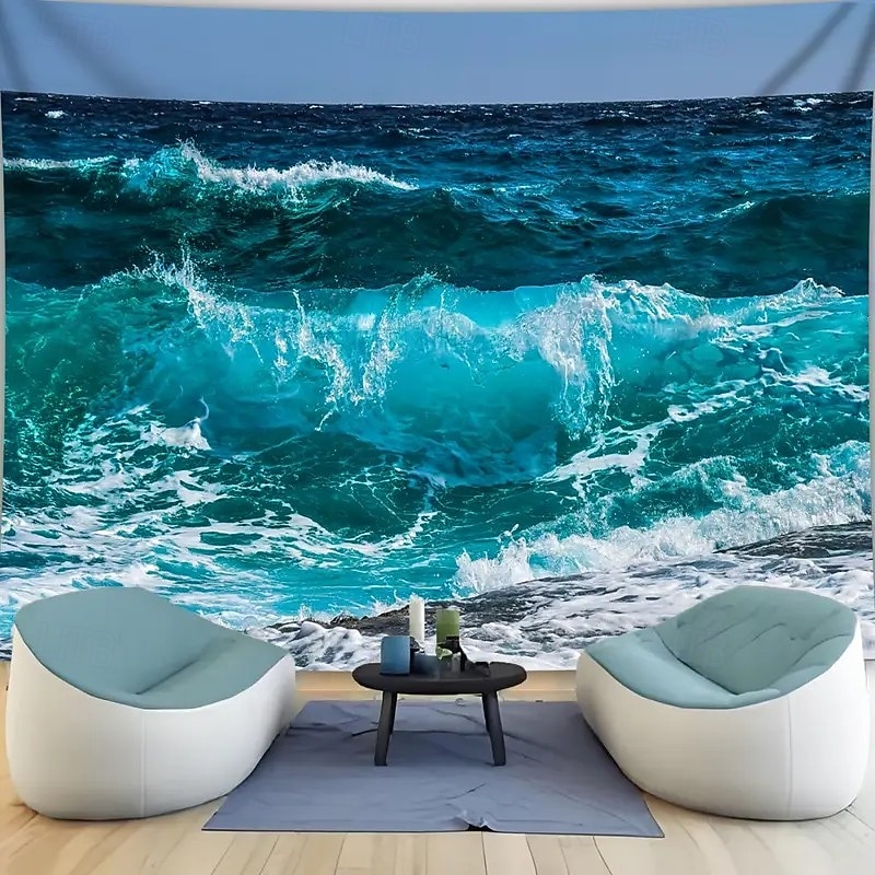 Massive Summer Ocean Wave Landscape Photo Wall Tapestry  High Definition Digital Print on Polyester Fabric, Modern Coastal Wall Hanging for Living Room, Bedroom, Office, or Party Decor, Easy to hang2