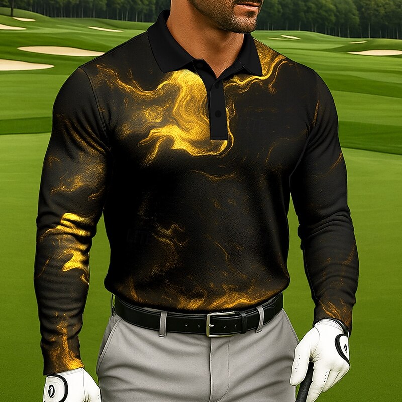 Men's Smoke Geometic Polo Long Sleeve Polo Shirts Lapel Casual Athleisure 3D Print Buttons Spring Fall Winter Black White