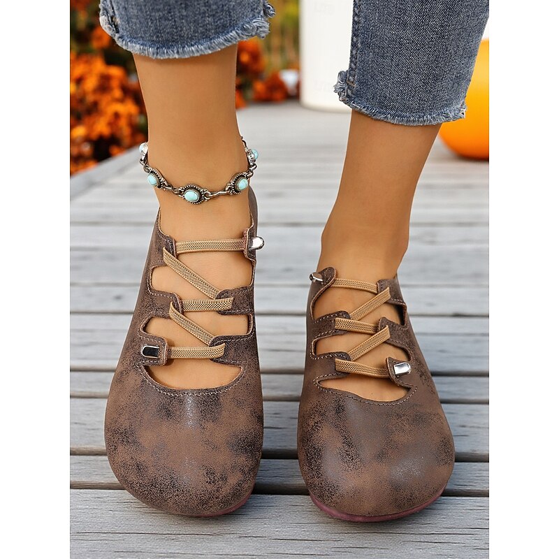 Women's Wide-Width Dark Brown Faux Leather Flats with Adjustable Straps – Comfortable Retro Casual Shoes for Daily Wear and Walking2