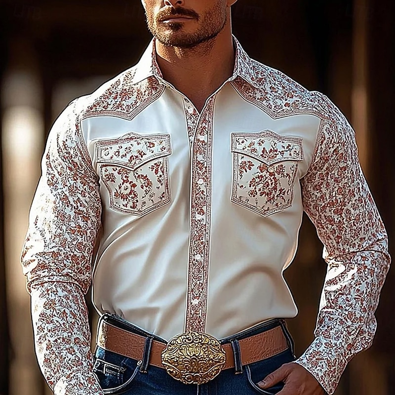 Men's Floral Print Flowers Shirt Western Shirt Cowboy Shirt Long Sleeve Vintage Retro Outdoor Casual WorkWear Spring Fall Turndown Front Two Pockets Linen Like Shirt Button Up Shirts White Pink