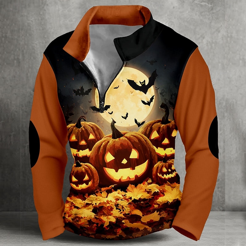 Halloween Men's Pumpkin Sweatshirt Punk Long Sleeve High Neck Party Club Orange Zipper Quarter Zip Fall Winter Designer