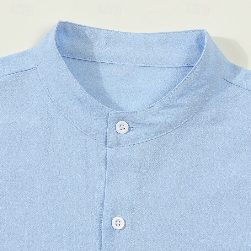 Men's Shirt Linen Shirt Summer Shirt Beach Wear Button Up Shirt Plain Vacation Daily White Yellow Navy Blue Blue Long Sleeve Band Collar Summer Fall Clothing Apparel Front Pocket3