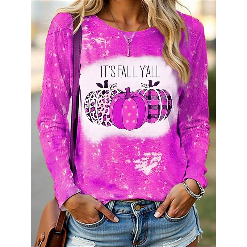 Halloween Women's T shirt Pumpkin Graphic Vintage Stylish Classic Long Sleeve Crew Neck Regular Tops Daily Print Pink Blue Orange Green Spring Fall Winter4