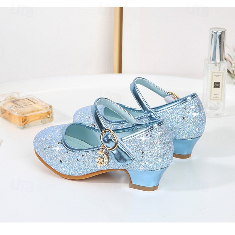 Girls' Blue Glitter Princess Dress Shoes, Low - Heel with Moon - Star Charm, Sparkly Rhinestone Party Pageant Birthday Shoes4