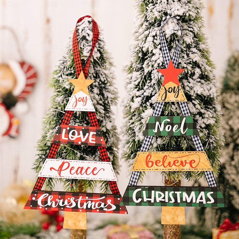 2pcs Christmas Wooden Tree Hanging Ornament, Rustic Wooden Craft Tag for Holiday Party Decoration, Christmas Hanging Decor