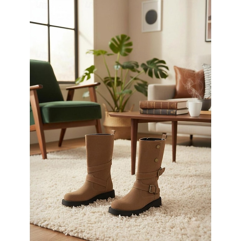 Women's Suede Mid-Calf Boots with Buckle Straps, Casual Retro Style Comfortable Low Heel Shoes for Urban Streetwear and Everyday Outfits2