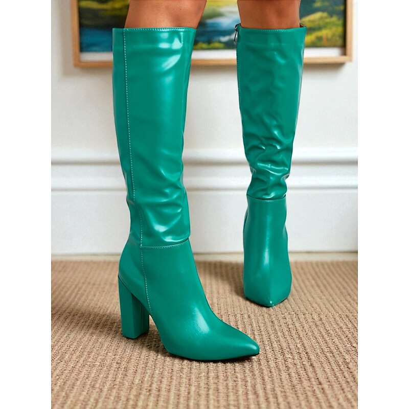 Women's Red Knee-High Faux Leather Boots - Pointed Toe Block Heel Boots for Fall and Winter Street Style, Daily Outings and Holiday Fashion4