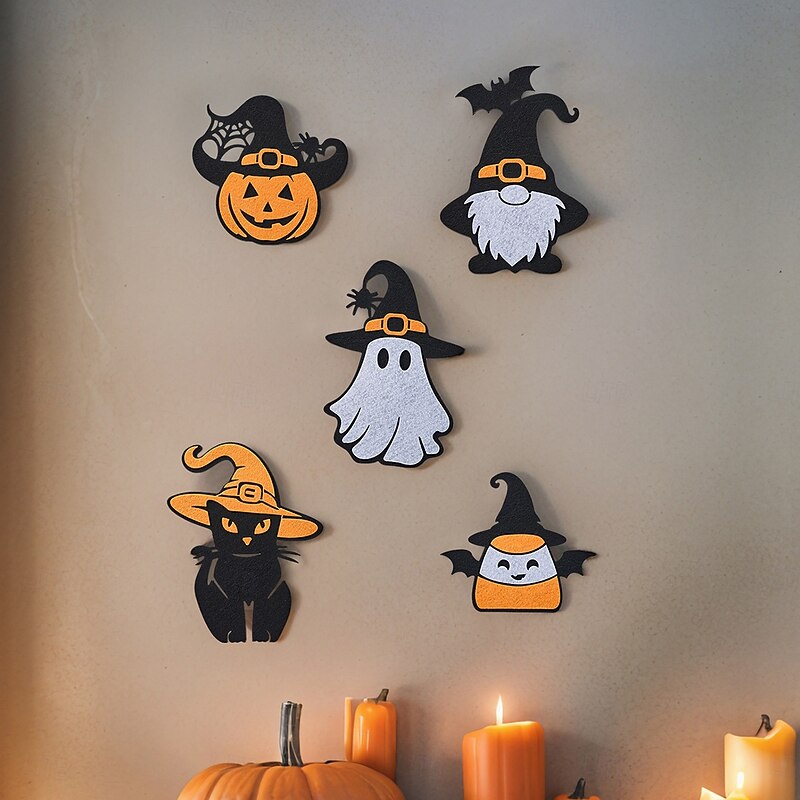 5PCS Halloween Non-Woven Fabric Cartoon Wall Stickers – Pumpkin, Bat, Ghost, Black Cat Decorative Halloween Wall Hanging for Party and Home Festive Decor4
