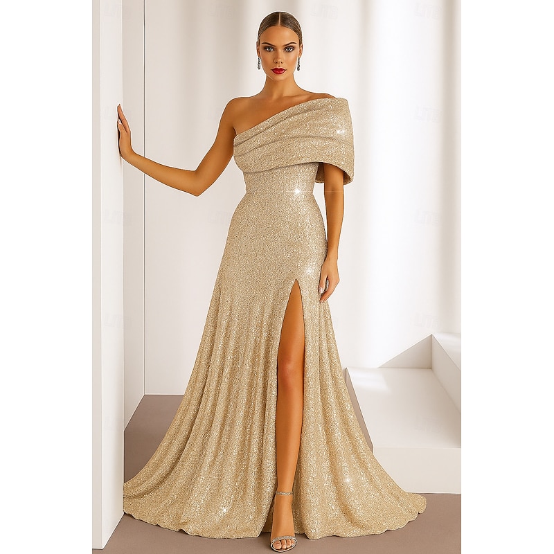 Sequined Gold Black A-Line Cocktail Dresses Elegant Dress Formal Wedding Floor Length Sleeveless One Shoulder Sequined with Glitter 20252