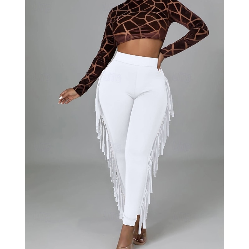 Women's Slacks Tights Cozy Leggings Streetwear Casual Full Length Natural Plain Tassel Fringe Elastic Waist Comfortable Holiday Daily Wear Weekend claret Black White Army Green Fall Regular Fit2