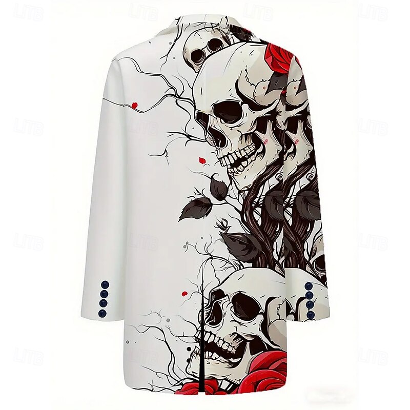 Men's Rose Skulls Overcoat Coat Casual Casual Daily 3D Print Buttons Front Pocket Spring Fall Winter Notch Long Sleeve White2