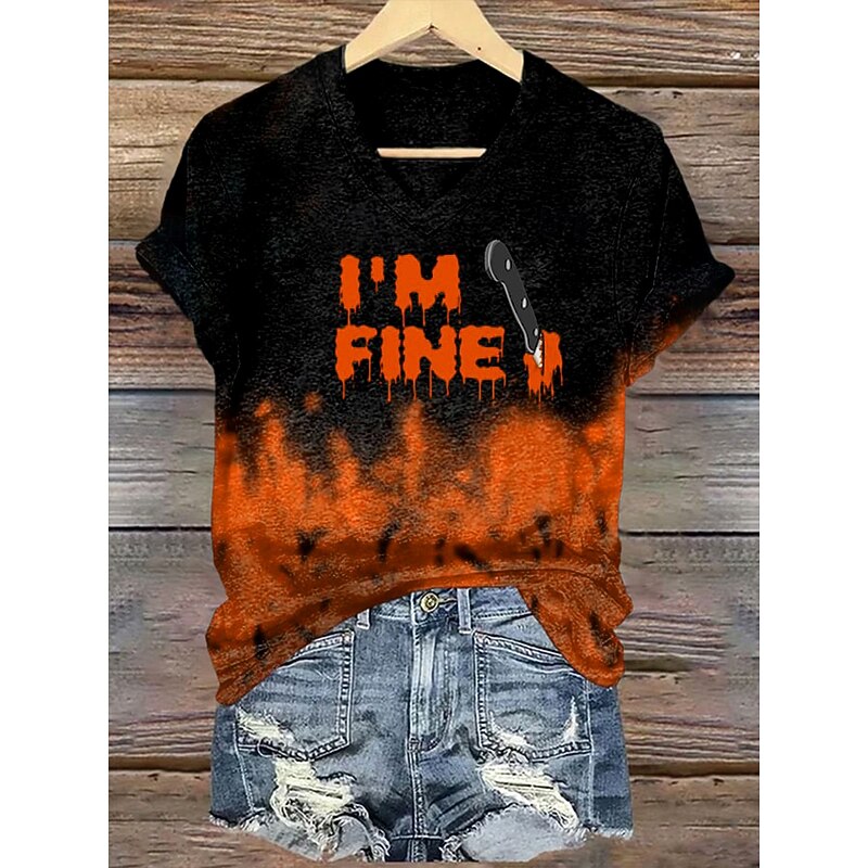 Halloween Women's T Shirt Ombre Graphic Letter Vintage Stylish Classic Short Sleeve Crew Neck V Neck Round Neck Regular Tops Daily Weekend Print Red Orange Green Summer Fall Winter3