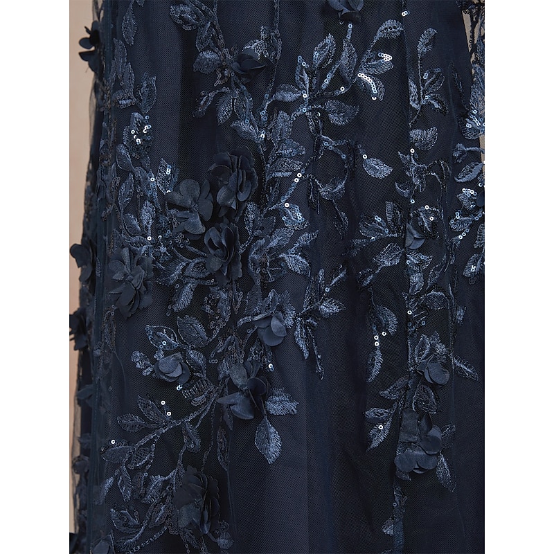 Women's Jacket Coat Blazer Lace Embroidered Sequin Elegant Floral Formal Anniversary Wedding Guest Cocktail Party Open Front Long Crewneck Regular Fit Long Sleeve Outerwear Navy Blue3