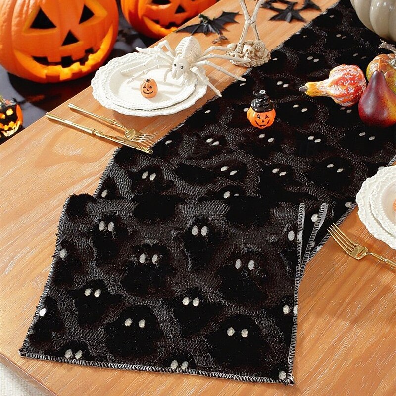 Halloween Table Runner Table Flag with 3D Ghost Embroidery - Black Eye Little Devil PU Faux Fur Decoration, Black White Holiday Tablecloth for Party Dining Decor2