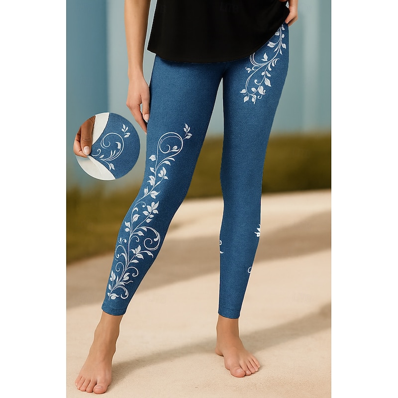 Women's Leggings Vacation Vintage Ethnic Style Ankle-Length High Waist Floral Graphic 3D Print Quick Dry Breathability Soft Stretchy Outdoor Home Causal Black Navy Blue Blue Sky Blue Fall Slim Fit3