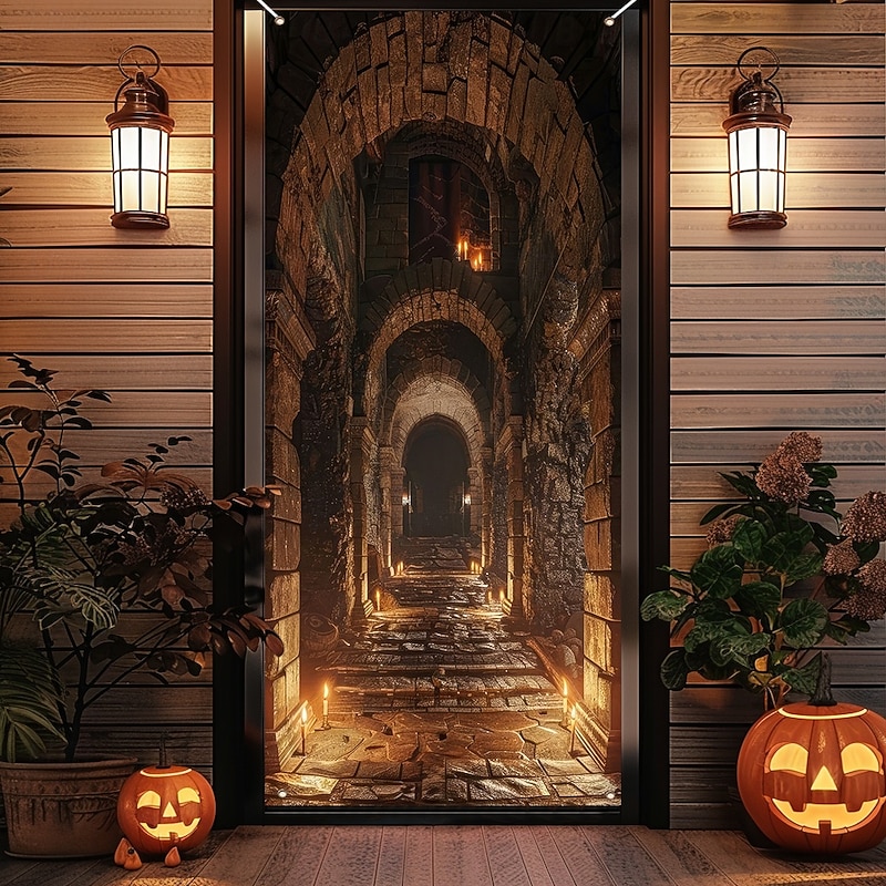 Halloween Door Cover Outdoor Banners Skeleton 3D Psychedelic Dark Punk Gothic Style Party Outdoor Shooting Backgrounds Front Door Wall Porch Home Decor4