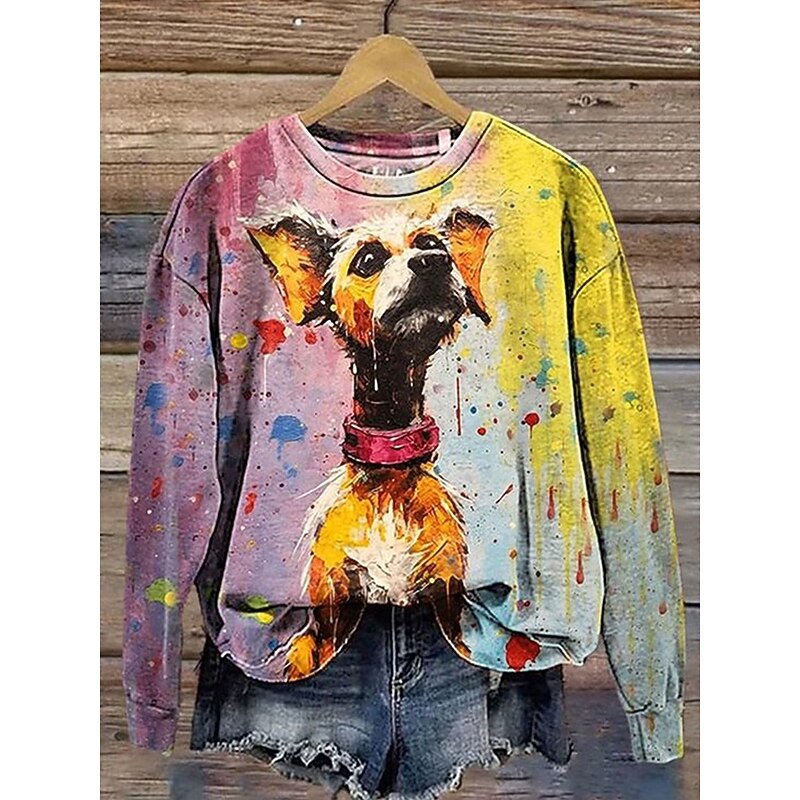 Women's Sweatshirts Graphic Animal Vintage Casual Long Sleeve Crew Neck Regular Tops Street Dailywear Casual Print Yellow Blue Purple Green Gray Spring Fall Winter