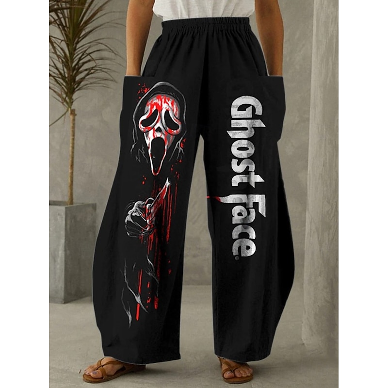 Women's Wide Leg Chinos Vintage Casual Full Length Mid WaistPantsHalloween Cat Pumpkin Halloween Elastic Waistband Comfy Inelastic Vacation Street Causal Violet Brown / Gold Black Orange Spring Fall3