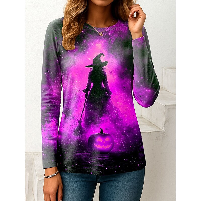 Halloween Women's T shirt Witch Long Sleeve Graphic Pumpkin Vintage Fashion Stylish Long Sleeve Crew Neck Regular Tops Daily Print Pink Blue Orange Green Fall Winter Prefall4