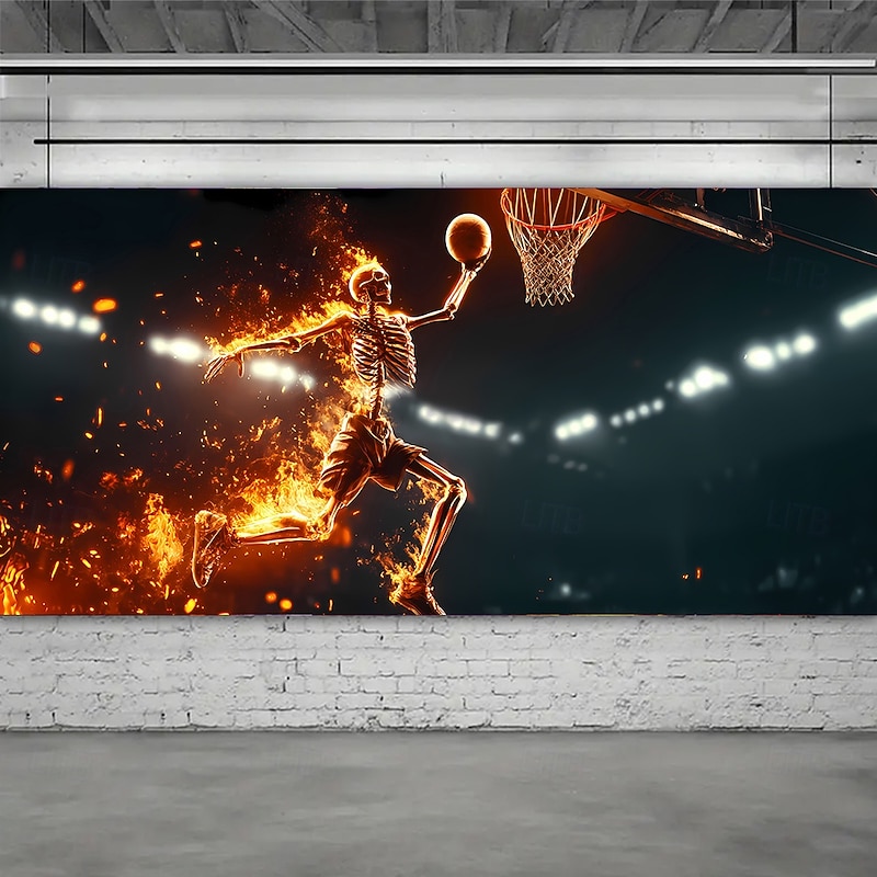 Halloween Garage Door Cover Large Hanging Backdrop Skeleton Flame Dark Punk Gothic Style Party Outdoor Shooting Backgrounds Yard Haunted House Home Decor2