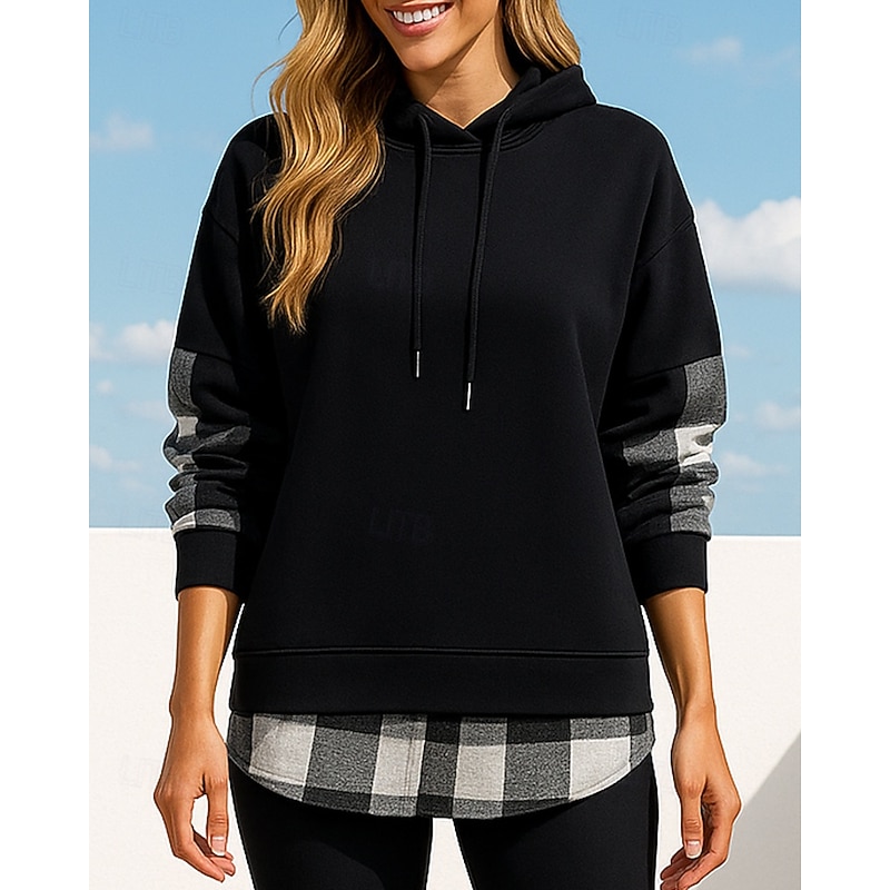 Women's Pullover Sweatshirt Hoodie Trackshirt Long Sleeve Top Athleisure Fall Plaid Checkered Fashion Workout Outdoor Training Sportswear Activewear Black Green Khaki4
