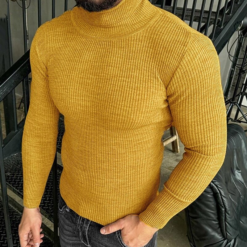 Men's Pullover Sweater Jumper Knit Sweater Ribbed Knit Regular Tops Knitted Plain Turtleneck Fashion Basic Vacation Daily Wear Clothing Apparel Fall Winter Wine Black M L XL3