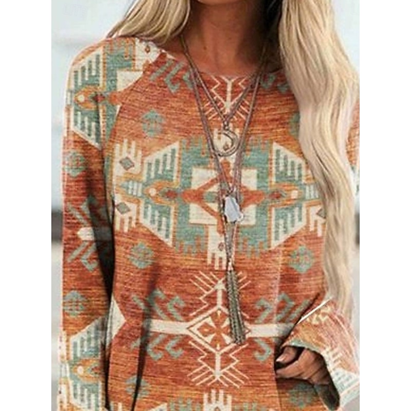 Women's T shirt Long Sleeve Graphic Tribal Vintage Stylish Classic Long Sleeve Crew Neck Round Neck Long Tops Daily Print Red Blue Spring Fall Prefall2