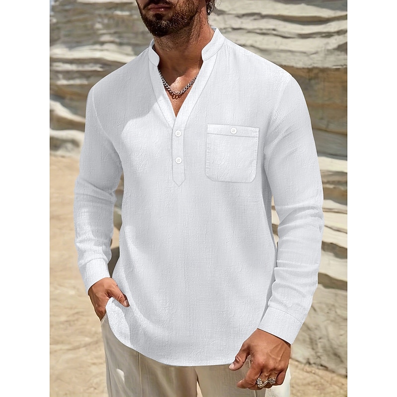Men's Shirt Linen Shirt Viking Style Summer Shirt Beach Wear Solid Color Vacation Street Black White Navy Blue Blue Long Sleeve Henley Summer Spring Clothing Apparel Pocket2