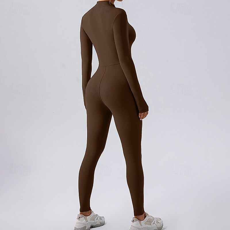 Women's Workout Jumpsuit One Piece Romper Zip Up Solid Color Bodysuit Black White Gym Pilates Yoga Tummy Control Long Sleeve Sport Activewear Tight Fit3