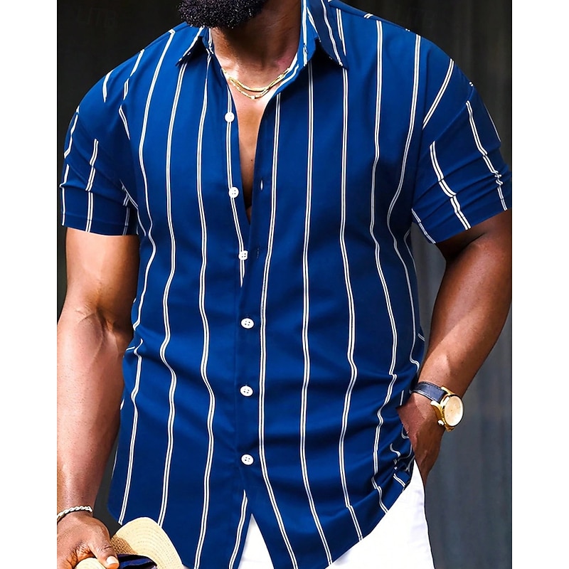 Men's Shirt Summer Shirt Casual Shirt Beach Shirt Button Up Shirt Black Light Green Royal Blue Green khaki Short Sleeve Stripe Lapel Vacation Hawaiian Clothing Apparel Polyester Fashion Casual
