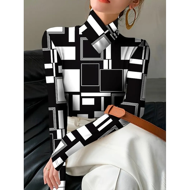 Women's T Shirt Graphic Geometric Color Block Elegant Vintage Stylish Long Sleeve High Neck Asymmetric Neck Regular Tops Daily Print Tiered Black Pink Green Spring Fall Winter4