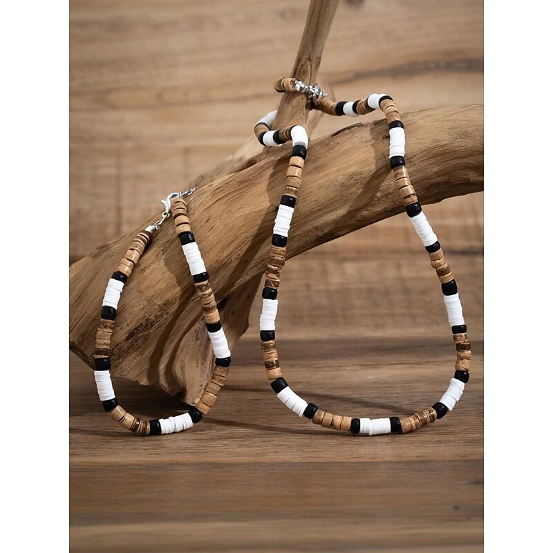 Men's Bohemian Style Beaded Necklace and Bracelet Set - White, Black, Brown Wooden Bead Jewelry for Beach, Casual Wear and Summer Parties4
