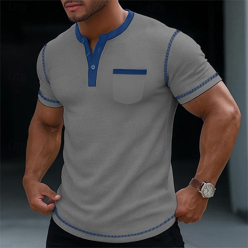 Men's Waffle Henley Shirt Tee Short Sleeve Henley Summer All Seasons Solid Color Plain Fashion Designer Casual Color Block Buttons Outdoor Casual Daily Black White Blue Top Tee for Men3