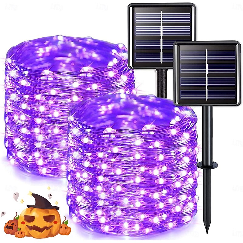 2 Pcs 10M/33FT 100 Led Beads Outdoor IP44 Waterpoof Solar Fairy String Lights  Halloween, Christmas, Wedding, Valentine's Day, Courtyard, Lawn, Garden, Festive Atmosphere Decoration, Copper Wire Light4