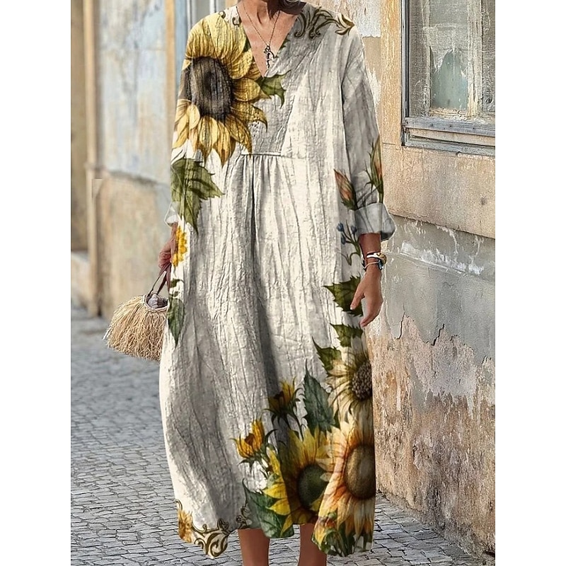 Women's Midi Dress Sundress A Line Dress Vacation Casual Boho Party Holiday Beach Loose Fit Floral Graphic Geometric Long Sleeve V Neck Dark Red Pink Blue Purple Summer Spring Fall3