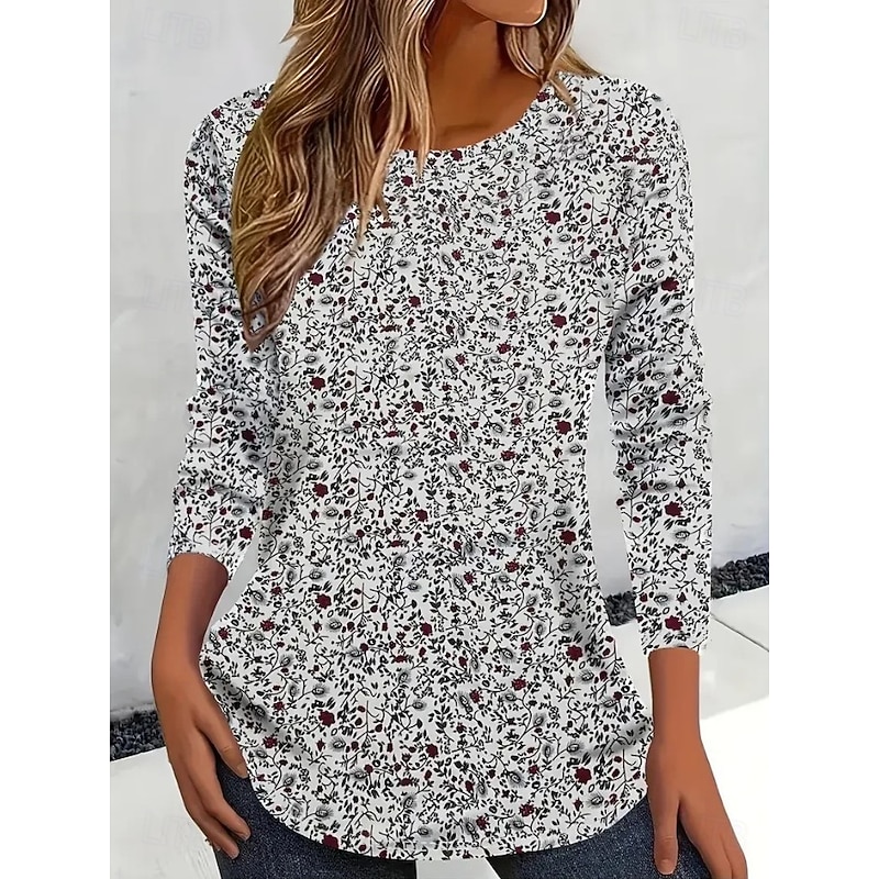 Women's T shirt Crew Neck Long Sleeve Tunic Graphic Geometric Striped Vintage Stylish  Round Neck Regular Tops Daily Print White Pink Blue Purple Fall2