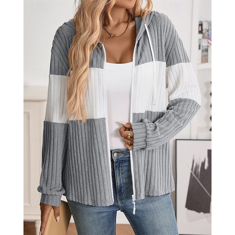 Women's Winter Coat Comfortable Breathable Zipper Knit Fashion Daily Color Block Outdoor Casual Daily Zipper Regular Hooded Regular Fit Long Sleeve Outerwear Black Pink Green Spring Fall2