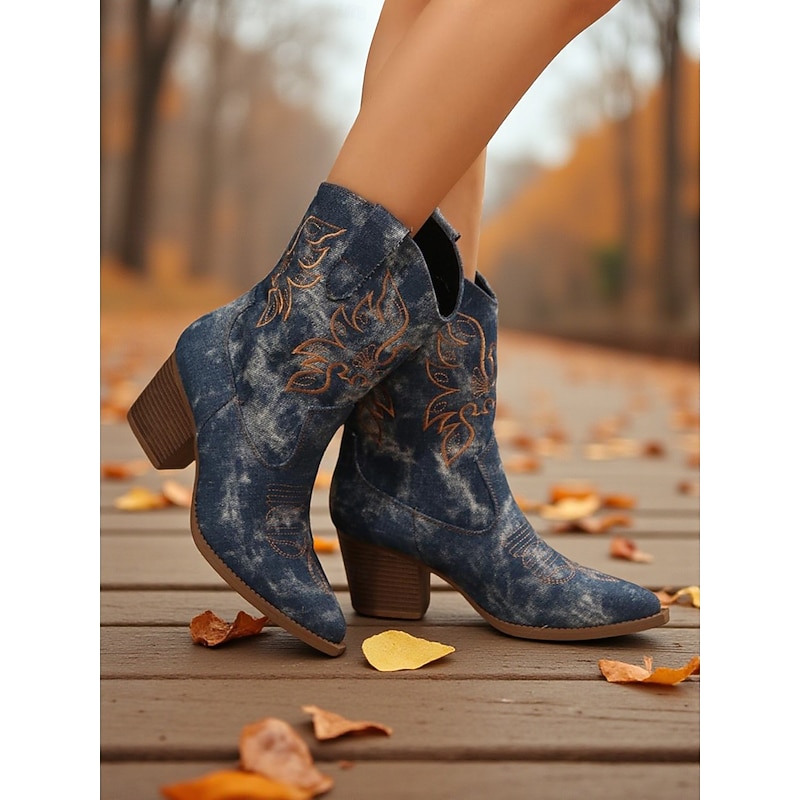 Women's Denim Embroidered Western Cowboy Boots - Vintage Blue Jean Fabric Mid-Calf Boots with Chunky Heel for Urban Fashion and Casual Streetwear Outfits3