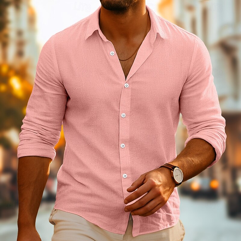 Men's Shirt Linen Shirt Summer Shirt Beach Wear Button Up Shirt Plain Vacation Casual White Pink Green Khaki Long Sleeve Turndown Summer Spring Clothing Apparel3
