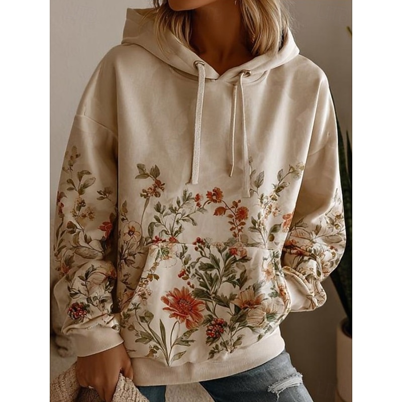 Women's 3D Print Vintage Boho Hoodie Patchwork Hoodie Sweatshirt Floral Pullover Sweatshirt Oversized Long Sleeve Casual Warm Active Hooded Street Dailywear Patchwork Beige Spring Fall Winter3