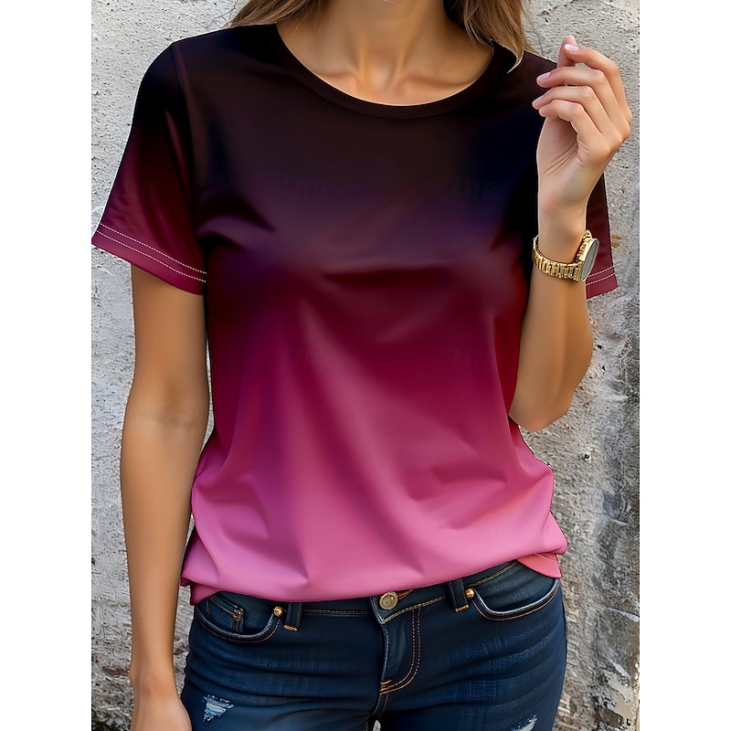 Women's T Shirt Ombre Graphic Gradient Vintage Stylish Classic Short Sleeve Crew Neck Round Neck Regular Tops Daily Weekend Print Fuchsia Summer Spring Fall