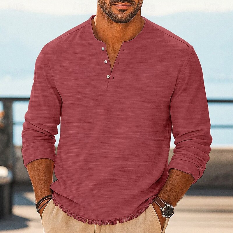 Men's Henley Shirt Tee Henley Top Linen T-Shirt Long Sleeve Solid Color Plain Solid Fashion Designer Casual Color Block Buttons Henley Outdoor Casual Daily Summer Spring All Seasons White Pink Light