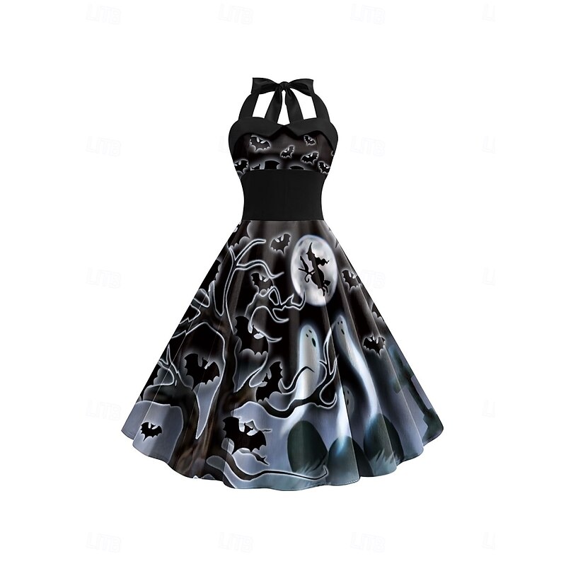 Halloween Women's Pumpkin Print Midi Dress A Line Dress Vacation Casual Daily Holiday Regular Fit Pumpkin Spider Sleeveless Halter Neck Black Yellow Orange Gray Summer Spring Fall4