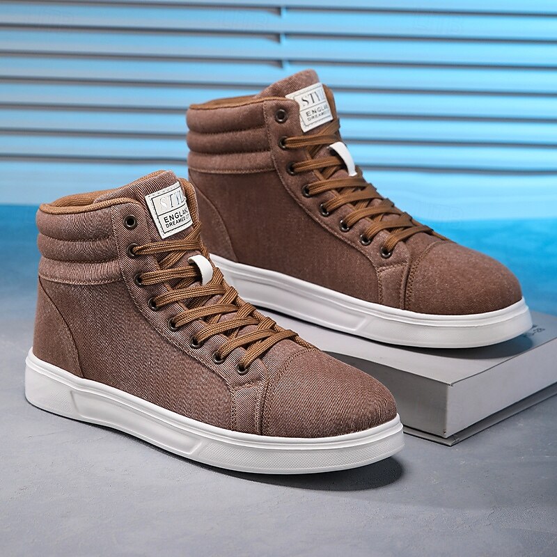 Men's Brown Fabric High-Top Sneakers, Comfortable Lace-Up Casual Shoes for School, Travel and Outdoor Activities4