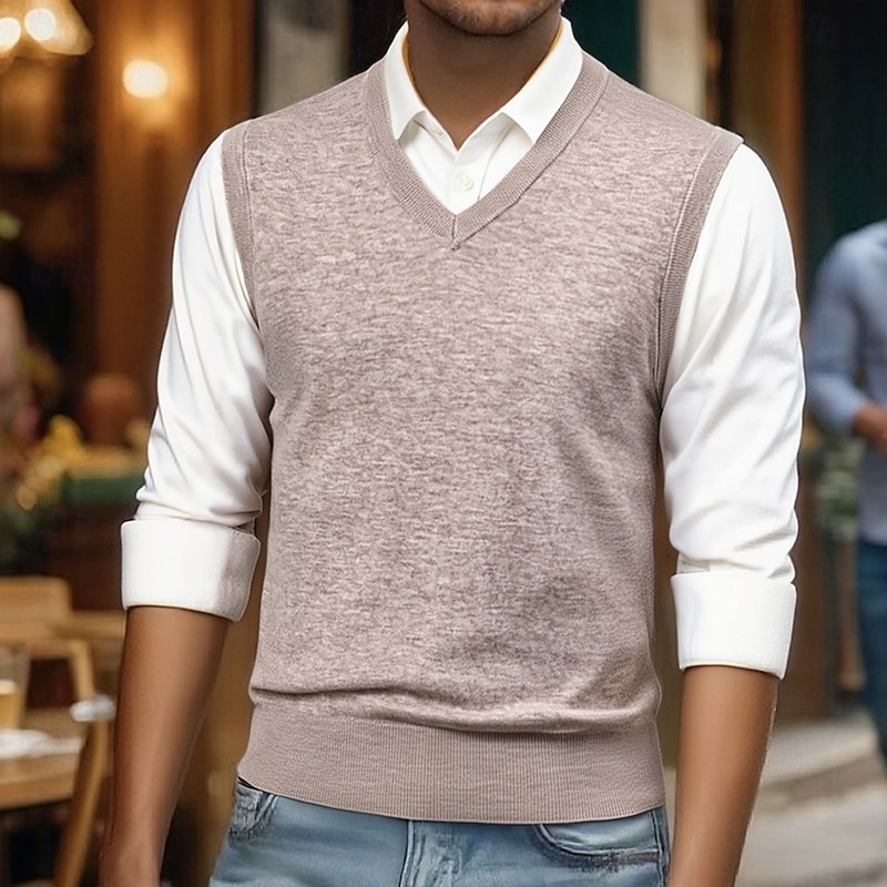 Men's Sweater Vest Dress Sweater Pullover Sweater Jumper Vest Knit Sweater Ribbed Knit Regular Tops Knitted Plain V Neck Fashion Casual Vacation Daily Wear Clothing Apparel Spring Fall Camel Black S